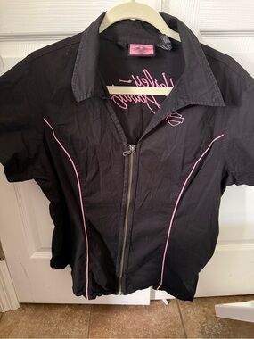 Harley-Davidson Women's Black Short-Sleeve Zip shop shirt Jackewith Pink Piping